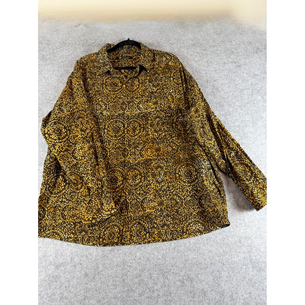 Pete Huntington Button Shirt Mens XXL Gold Black Excellent Batik Floral Cotton